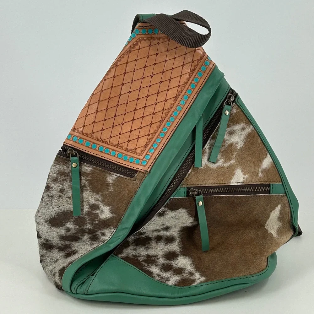Ranch Boho Western Sling Backpack Green Leather Cowhide Turquoise Studded Boho